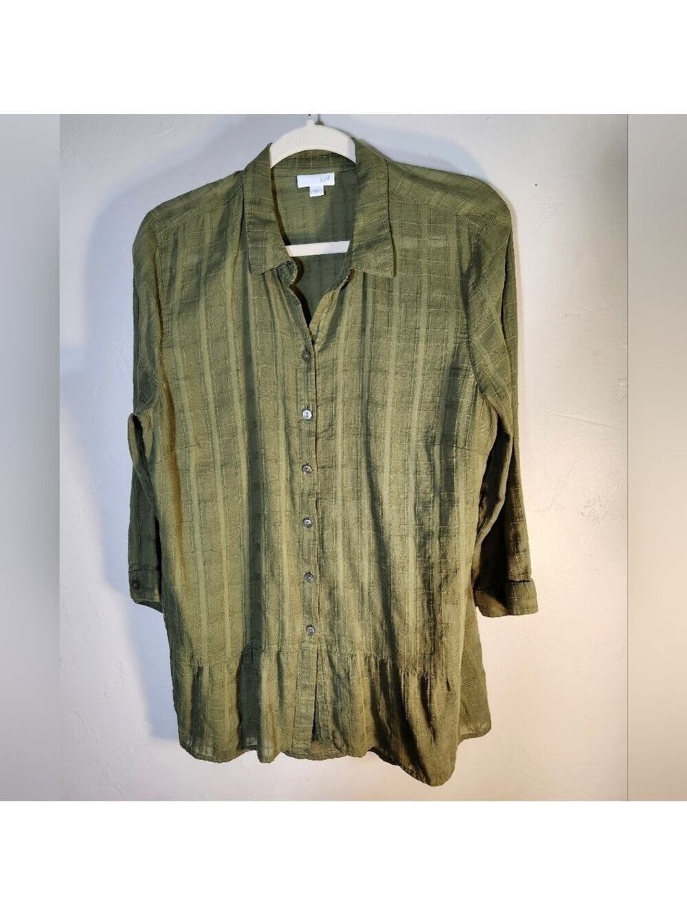 J Jill Olive Green Button-Up Olive Green Blouse 3/4 sleeve 100% Cotton Sz M